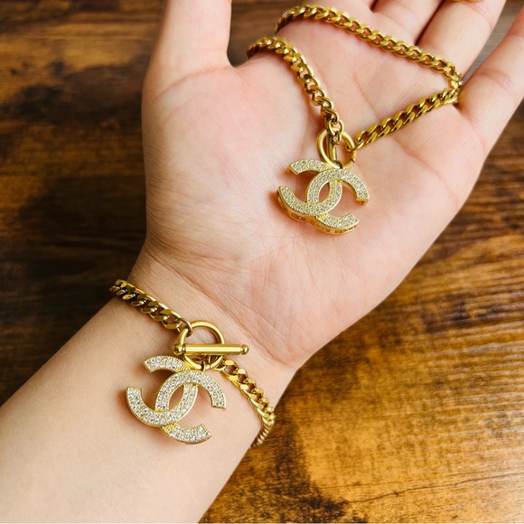 Reserved 18K Plated Gold Chanel Women jewelry Chain Necklace Bracelet Earrings - Picture 6 of 16